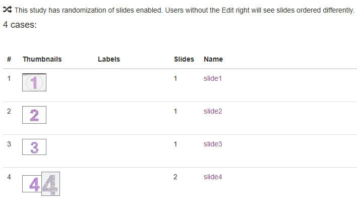 5 slides arranged in 4 cases in study view